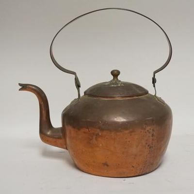 1047	ANTIQUE DOVETAILED GOOSE NECK COPPER KETTLE SIGNED I BABB, HAS AN OLD REPAIR ON THE LID, SIGNED ON TOP OF HANDLE, 11 1/2 IN TO TOP...