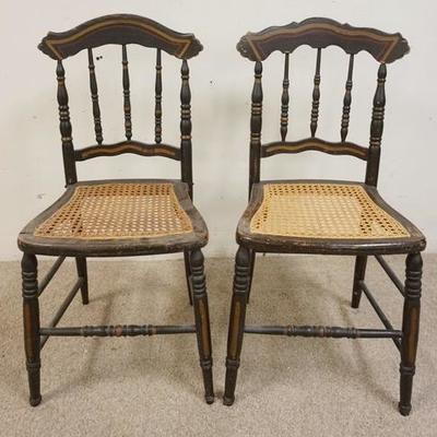 1162	2 ANTIQUE STENCILLED CANE SEAT CHAIRS, TURNED SPINDLE BACKS
