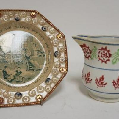 1051	2 PIECE 19TH CENTURY SOFTPASTE-CHILDS PLATE & STICK SPATTER CREAMER, PLATE HAS LUSTER TRIM & IS 5 1/2 IN, CREAMER IS 3 1/2 IN HIGH
