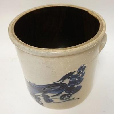 1035	NA WHITE & SON UTICA 5 GAL BLUE BIRD CROCK, HAS GLAZE FLAKES ON THE RIGHT SIDE OF THE DESIGN, 12 1/4 IN HIGH, 13 3/4 IN TOP DIAMETER

