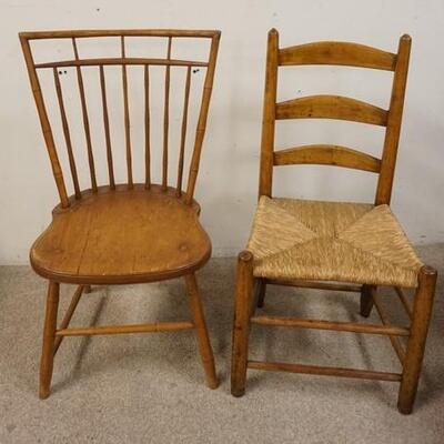 1223	ANTIQUE WINDSOR CHAIR & RUSH BOTTOM LADDER BACK WINDSOR SIGNED HORTON
