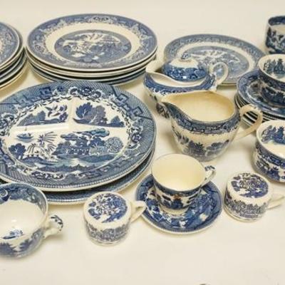 1248	LOT OF BLUE WILLOW DINNERWARE-VARIOUS MAKERS, LARGEST PLATE IS 10 IN, CHIP ON CREAMER
