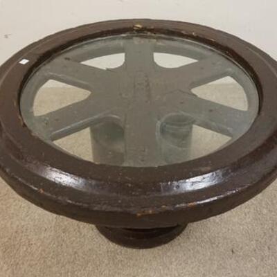 1214	WOOD PATTERN MAKERS WHEEL TABLE W/GLASS TOP INSERT, 30 1/2 IN WIDE X 19 1/2 IN HIGH
