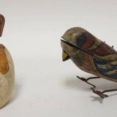 1085	ANTIQUE DOG CANDY CONTAINER, 3 1/2 IN HIGH & TIN TOY WIND UP BIRD, 5 1/4 IN LONG
