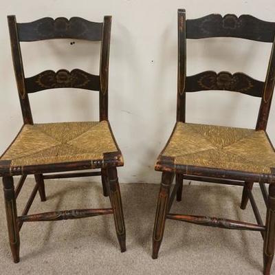1073	PAIR OF PAINT DECORATED STENCILED RUSH SEAT CHAIRS

