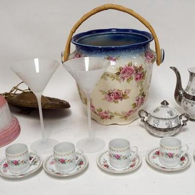 1231	LOT OF CHINA, POTTERY, STERLING AND LIGHT FIXTURE. SLOP JAR HAS CHIP ON HANDLE, STERLING CHINA TEA SET WITH A CHIP ON FITTER RIM, 2...