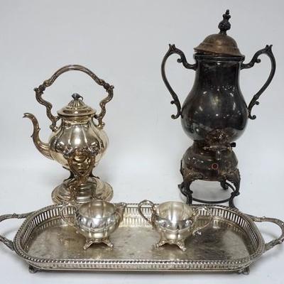 1232	SILVER PLATE LOT, TILT TEA POT, PERCORLATOR DISPENSER, TRAY, CREAMER AND SUGAR. TALLEST IS 21 IN
