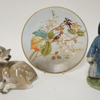 1201	2 ROYAL COPENHAGEN FIGURES & A HAND PAINTED PLATE, #3556-BOY IN RAINCOAT & UMBRELLA-7 1/4 IN HIGH, #2609-FAWN-6 1/4 IN WIDE,...