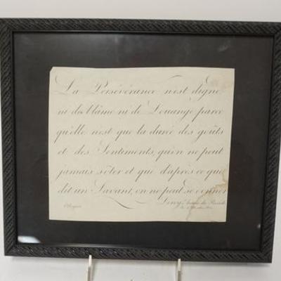 1096	FRAMED HAND WRITTEN SAYING, ANNOTATED ON THE REVERSE, STAIN LOWER RIGHT, 11 1/4 IN X 9 3/4 IN INCLUDING FRAME
