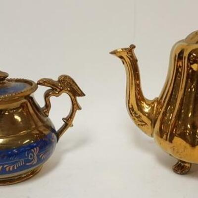 1183	2 COPPER LUSTER TEAPOTS, ONE W/BLUE DECORATION, 5 1/2 IN HIGH & 8 1/4 IN HIGH
