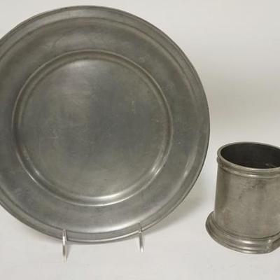 1092	PEWTER MUG & SIGNED PEWTER PLATE, PLATE IS 11 1/4 IN
