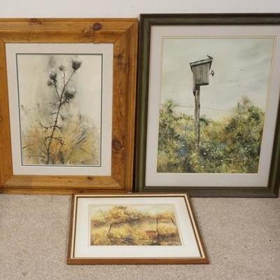 1184	3 PIECE FRAMED ARTWORK, 3 PRINTS, THISTLE, BIRDHOUSE & AN AUTUMN LANDSCAPE, LARGEST IS 25 IN X 31 3/4 IN INCLUDING FRAME, ALL ARE...