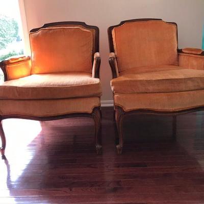 Lovely Pair of Hollywood Regency Chairs. Great Lines, Overall good used condition. One chair has slight crack (tight) at top as pictured....