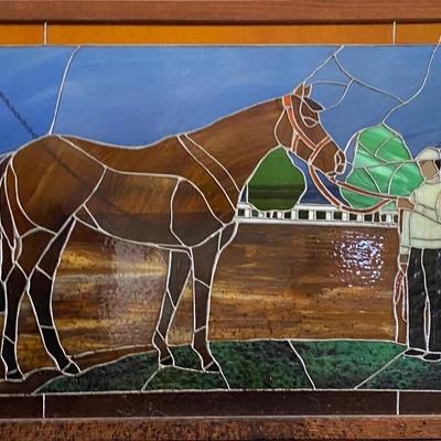 Framed stained glass window horse on racetrack 26 x 45