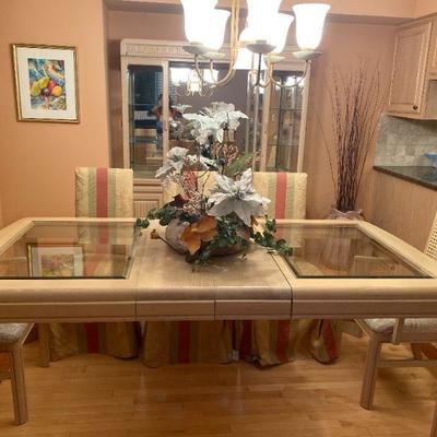 KELLER GLASS INSERT DINING TABLE - BUY IT NOW $200 - CANE BACK DINING ARM CHAIRS (2) BUY IT NOW $60 EACH - SIDE CHAIRS (4) BUY IT NOW $45...