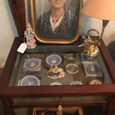 Beautiful hand made glass top display table with Wedgewood