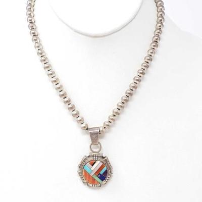2160	
R. Jack Vintage Inlay Pendent and Sterling Silver Bead Necklace, 29.7g
Weighs Approx 29.7g
Necklace approx 14