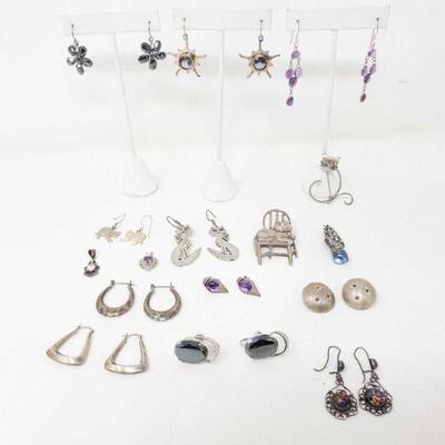 #2312 â€¢ 11 Pairs Of Sterling Silver Earrings, 2 Pins, And 3 Pendants, 86.5g