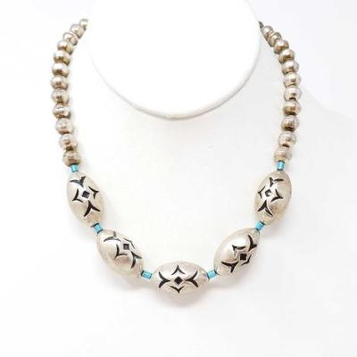 2154	
Vintage Turquoise and Sterling Silver Tube Bead Necklace, 39.8g
Weighs Approx 39.8g
Measures approx 14