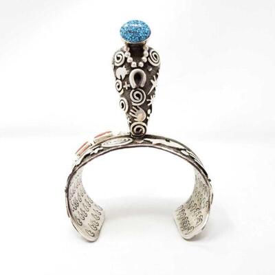 2029	

Sterling Silver Cuff With Turquoise And Coral Accents, 162.9g
Weighs Approx 162.9g