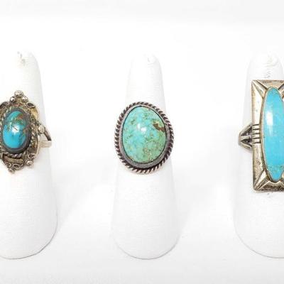 2226	

3 Sterling Silver Rings With Turquoise Stones, 25.9g
Weighs Approx 25.9g