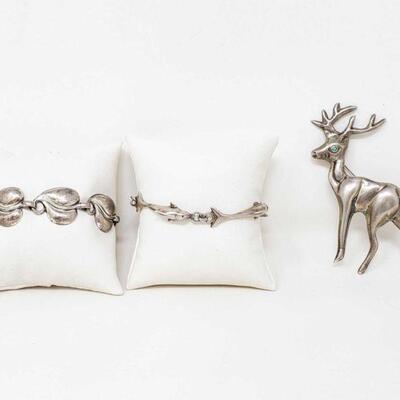 #2318 â€¢ 2 Sterling Silver Bracelets, And Sterling Silver Deer Pin, 52.2g
