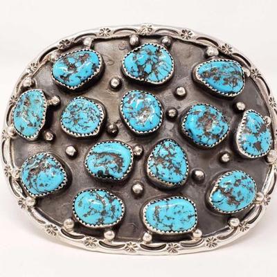 2030	

Sterling Silver Belt Buckle With Turquoise, 82.1g
Weighs Approx 82.1g Measures Approx 3.5