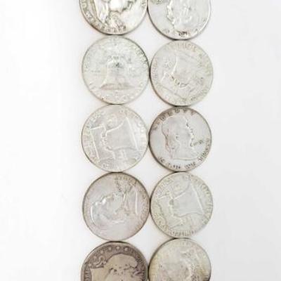 2642	

9 Franklin Half Dollars And Barber Head Half Dollar, 124.3g
Weighs Approx 124.3g