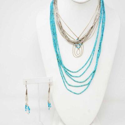 3 Sterling Silver And Turquoise Layered Necklaces And Sterling Silver And Turquoise Dangle Earrings
Necklaces Measurements Range Approx...