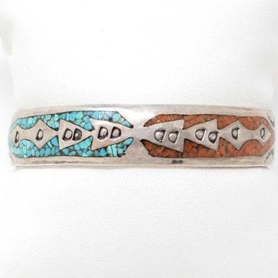 2166	

Sterling Silver Cuff Bracelet With Turquoise And Coral 18.8g
Weighs Approx 18.8g
