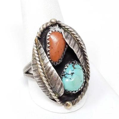 2170	

Old Pawn Turquoise and Coral Sterling Silver Leaf Ring, 12.9g
Weighs approx 12.9g 
Size 11
Approx 1.25
