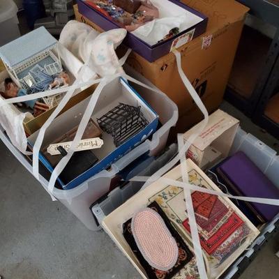 3 boxes full of dollhouse and dollhouse items