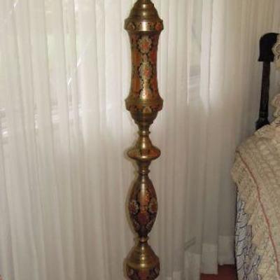 Persian painted & inlaid brass floor lamp