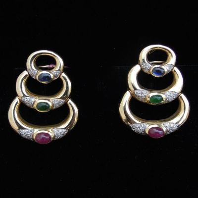 Pr. 14k Y.G, Saphire, Emerald, Ruby & diamond earrings