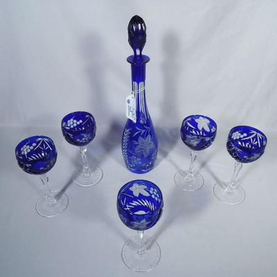Cobalt crystal decanter & glasses