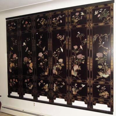 Vintage chinese black lacquer and hardstone six panel wall screen