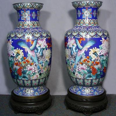 Pair monumental Chinese cloisonnÃ© palace urns
