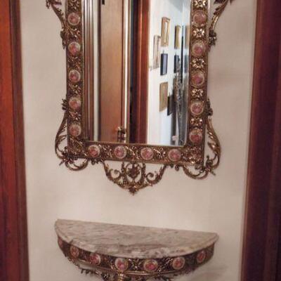 Vintage french brass & hand painted porcelain wall shelf and mirror
