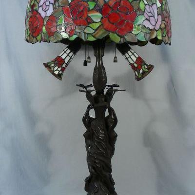 Bronze & leaded glass figural table lamp