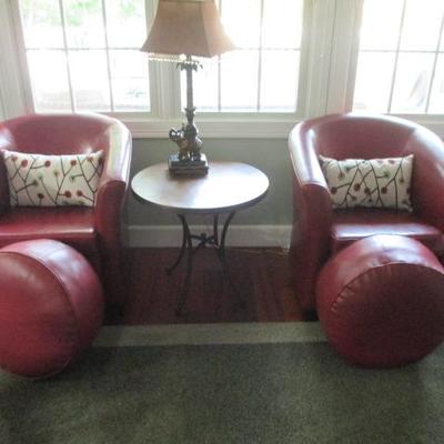 Pair of Grandinroad Red Leather Chairs with Ottomans 