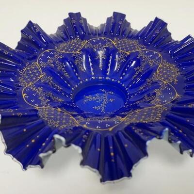 1019	LARGE VICTORIA COBALT CASED GLASS RUFFLED EDGE DISH, 14 IN WIDE

