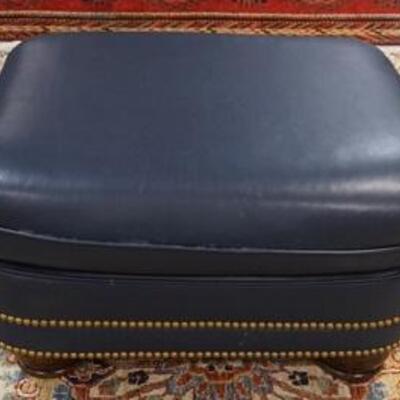 1041	HANCOCK AND MOORE BLUE LEATHER FOOT STOOL WITH BRASS TACK ACCENTS, 86 IN WIDE
