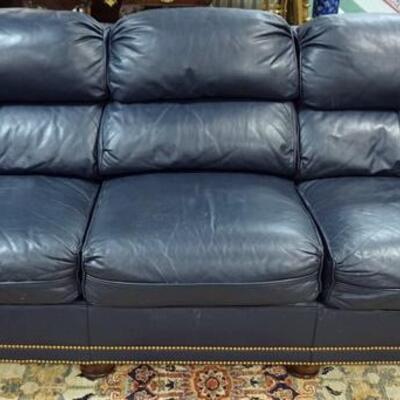 1039	HANCOCK AND MOORE BLUE LEATHER SOFA WITH BRASS TACK ACCENTS, 86 IN WIDE
