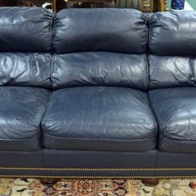 1040	HANCOCK AND MOORE BLUE LEATHER SOFA WITH BRASS TACK ACCENTS, 86 IN WIDE
