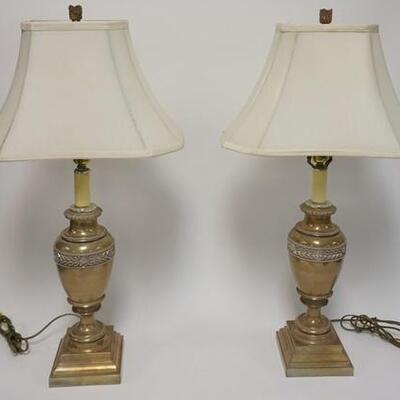 1043	PAIR OF CRESTWOOD URN SHAPED METAL NIGHT STAND TABLE LAMPS, SOME WER TO ONE SHADE, 3 IN HIGH
