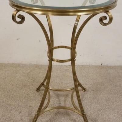 1038	SOLID HEAVY BRASS ROUND OCCASIONAL TABLE WITH INSET BEVELLED GLASS, 20 IN ROUND X 28 1/2 IN HIGH
