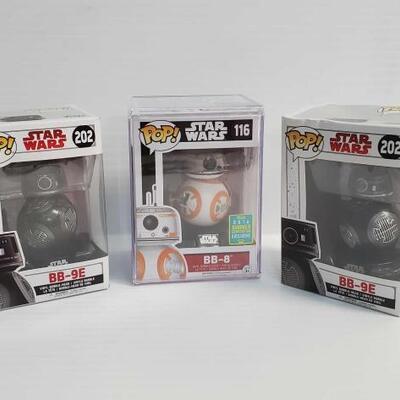 2104	
2 Star Wars POP! BB-9E Bobble Head and Star Wars POP! BB-8 Bobble Head
2 New In Box, 1 Factory Sealed