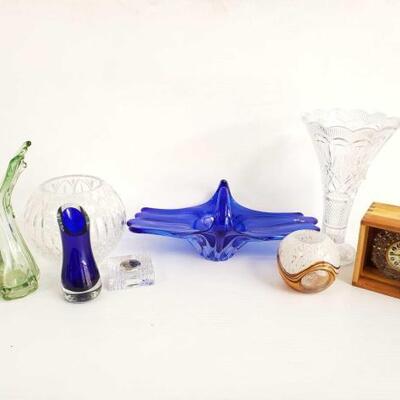 1240	
3 Glass Vases, Glass Center Piece, Clocks, and More!
3 Glass Vases, Glass Center Piece, Clocks, and More!