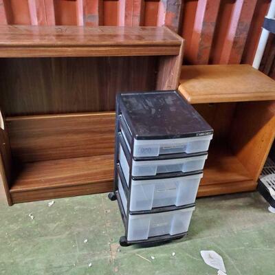 #6008 â€¢ 2 Wooden Bookshelves And Plastic Storage Drawers