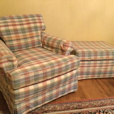 2 plaid club chairs with matching ottoman.
